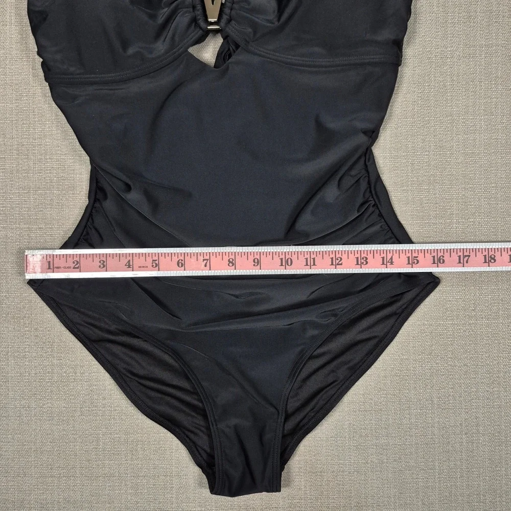 Hanna Nikole Black One Piece Swimsuit Ruffle V-Neck Tummy‎ Control Size L NWT